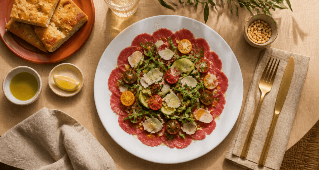 accompagnement carpaccio de boeuf avec parmesan roquette et focaccia