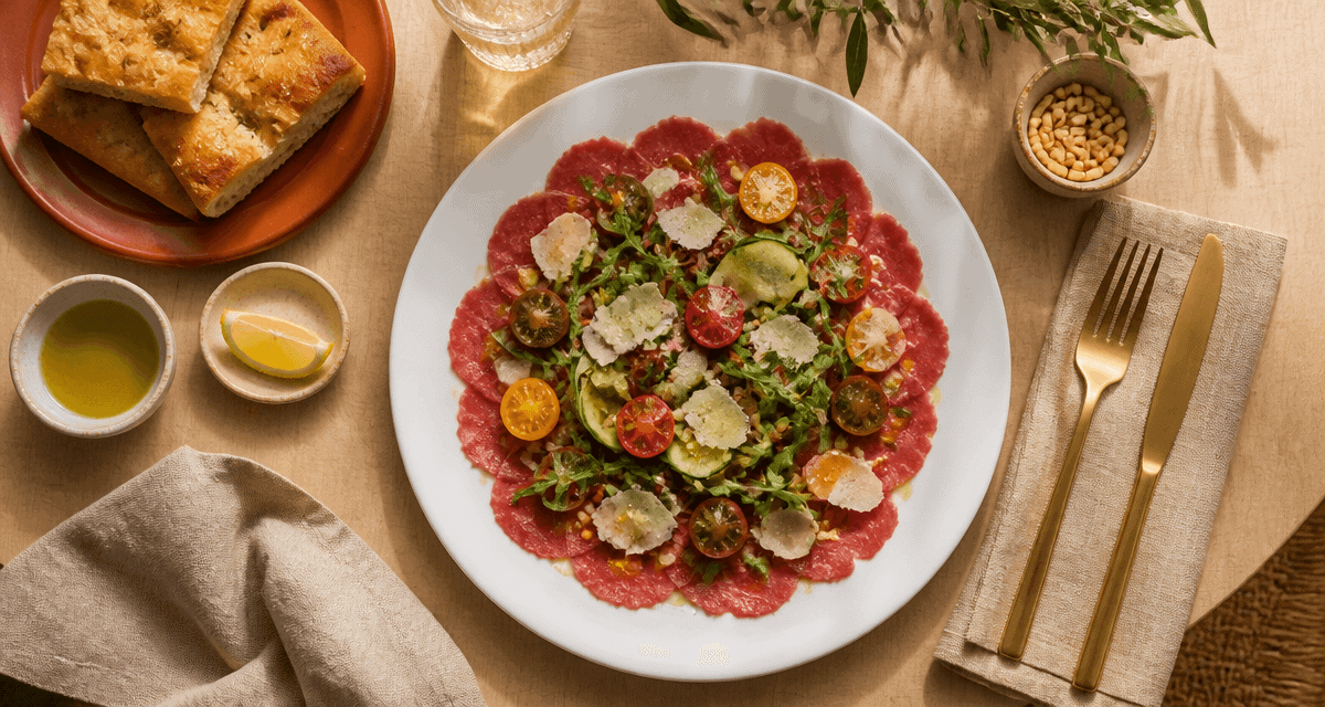 accompagnement carpaccio de boeuf avec parmesan roquette et focaccia