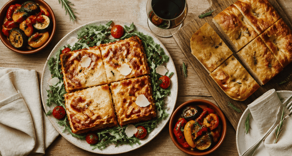 accompagnement pour lasagne avec salade, légumes et focaccia