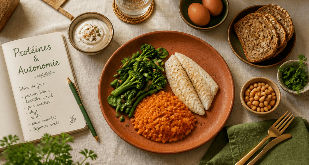 aliments riches en proteines pour personnes âgees assiette et bols variés