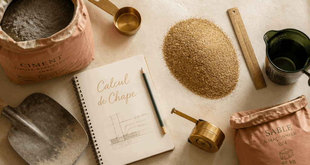Calcul pour une chape avec outils et matériaux