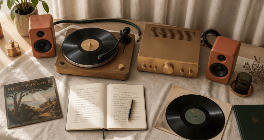 chaine hifi haut de gamme flat-lay table bois
