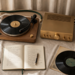 chaine hifi haut de gamme flat-lay table bois