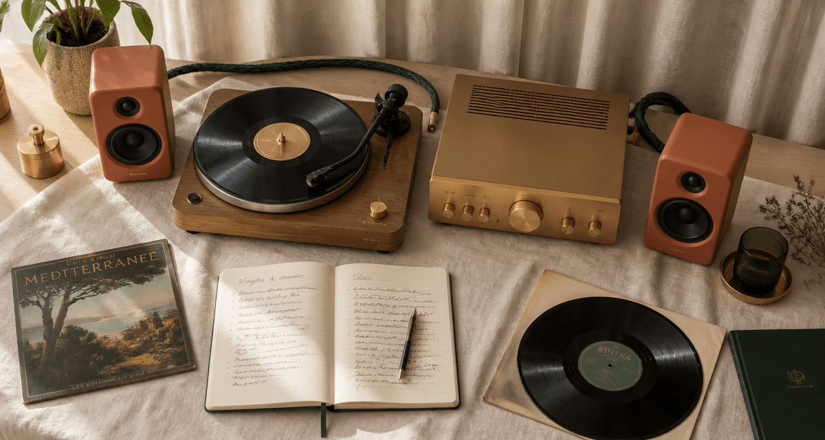 chaine hifi haut de gamme flat-lay table bois