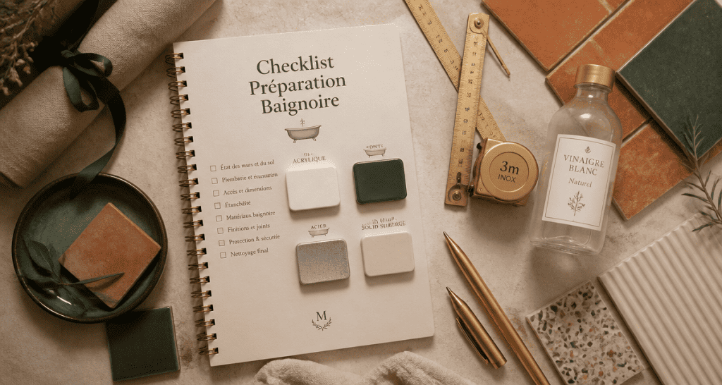 échantillons matériaux baignoire de salle de bain sur carnet checklist