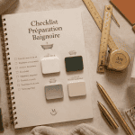 échantillons matériaux baignoire de salle de bain sur carnet checklist