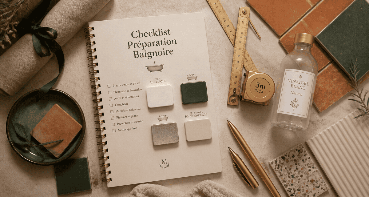 échantillons matériaux baignoire de salle de bain sur carnet checklist