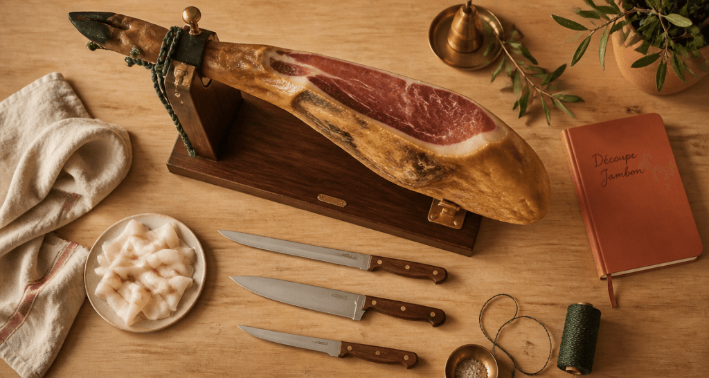 comment couper un jambon support bois couteaux