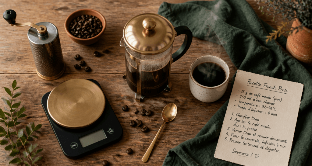 comment faire du café avec une cafetière à piston, table, accessoires