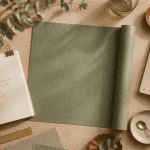 decoration murale vert sauge flat lay bureau nordique