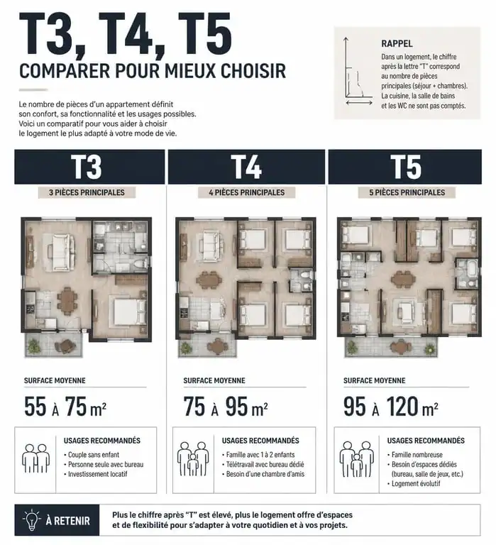 Infographie comparative des surfaces et usages entre appartements T3, T4 et T5