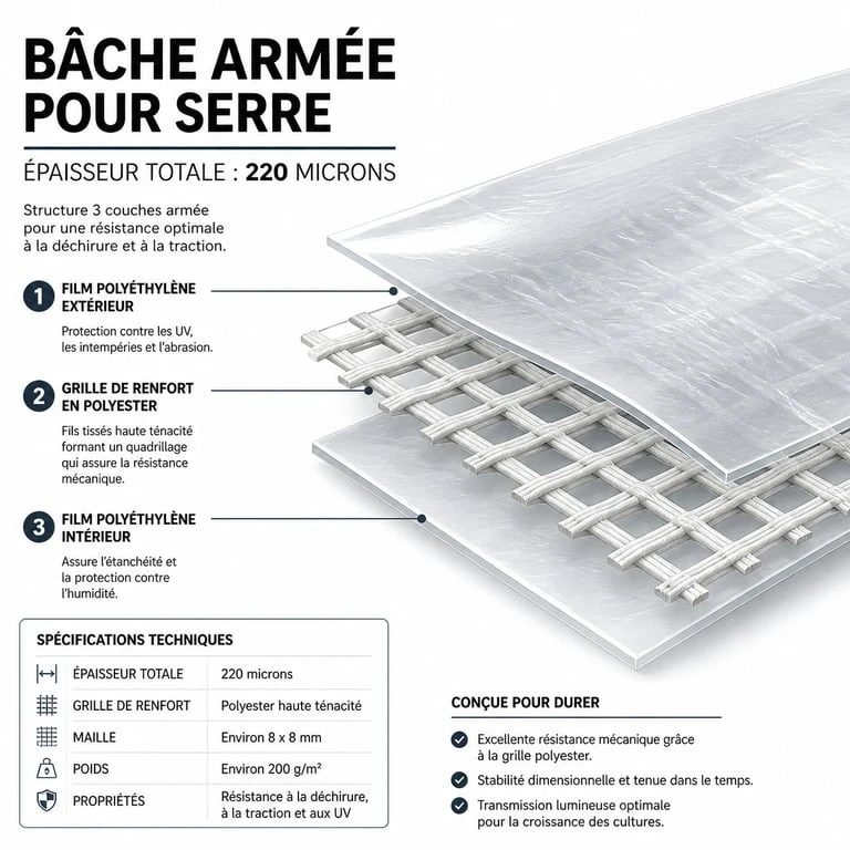 Schéma technique d'une bâche armée 220 microns pour serre de jardin montrant sa structure renforcée