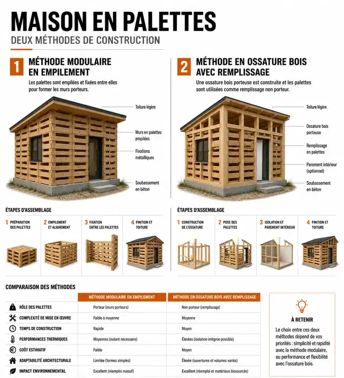 Schéma comparatif des techniques de construction de maison en palettes