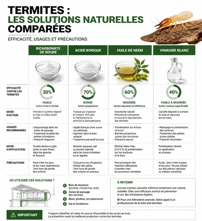 Infographie comparative des solutions naturelles pour lutter contre les termites : bicarbonate de soude, acide borique, huile de neem et vinaigre blanc.
