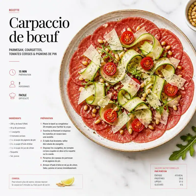 Carpaccio de bœuf avec ses accompagnements : roquette, parmesan et légumes frais