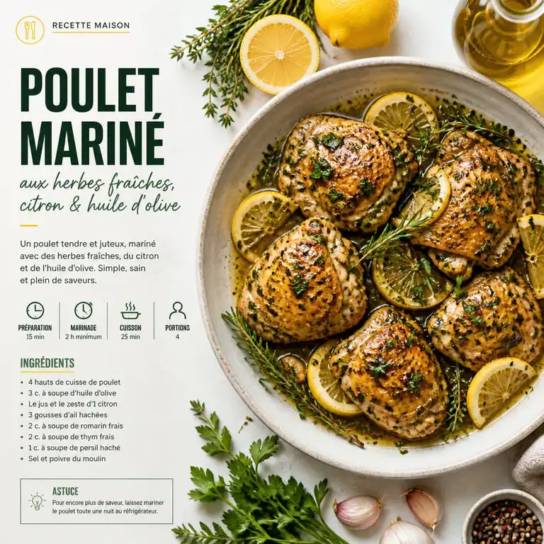 Assaisonnement de poulet mariné aux herbes et citron pour une cuisine savoureuse