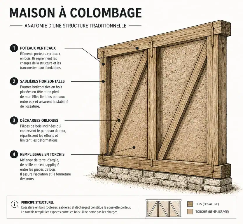 Schéma technique de l'anatomie d'une maison à colombage et de sa structure en pans de bois