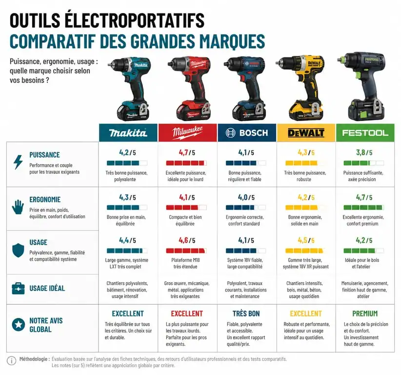 Comparatif des marques d'outillage portatif professionnel : Makita, Milwaukee, Bosch, Dewalt, Festool