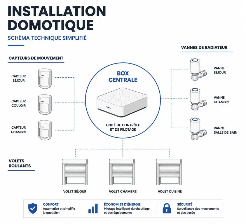 Schéma de fonctionnement d'une installation domotique pour maison intelligente
