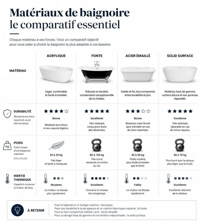 Comparatif des matériaux pour baignoire de salle de bain : acrylique, fonte, acier et solid surface