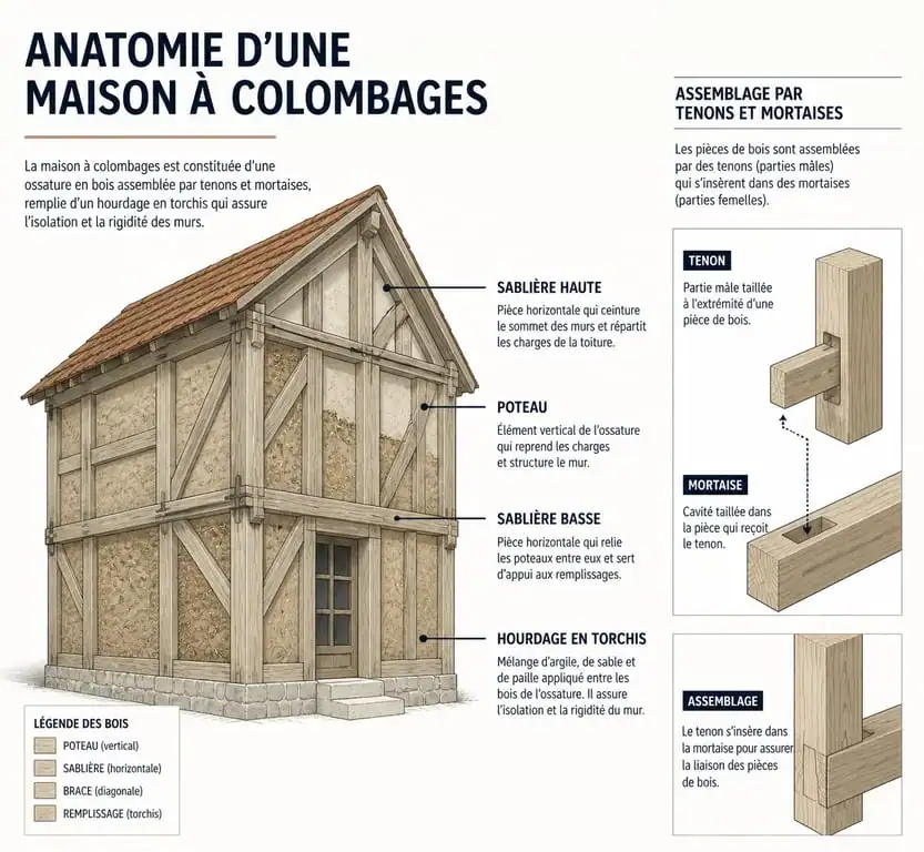 Schéma technique de l'anatomie d'une maison à colombages