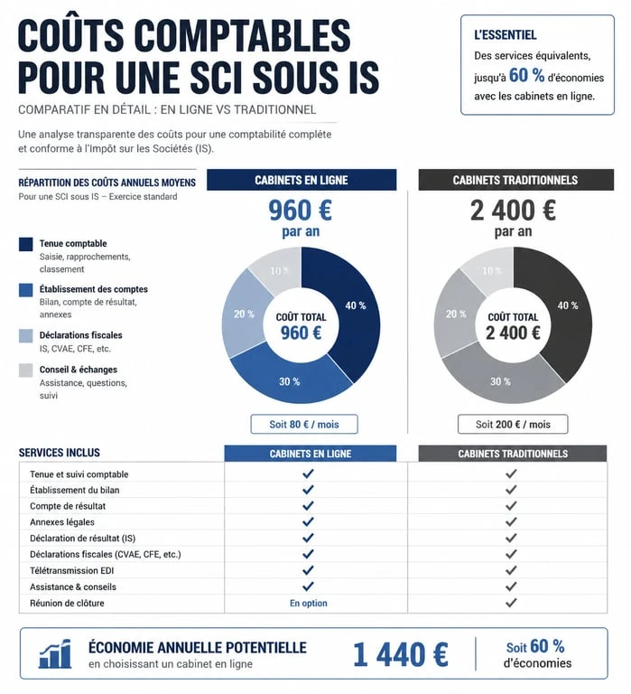 Infographie comparative des tarifs et services d'un expert-comptable pour une SCI à l'IS