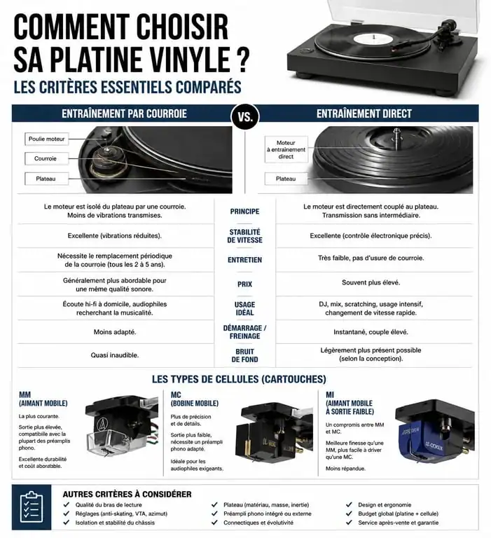 Infographie comparative pour choisir sa platine vinyle : entraînement, cellule et connectique