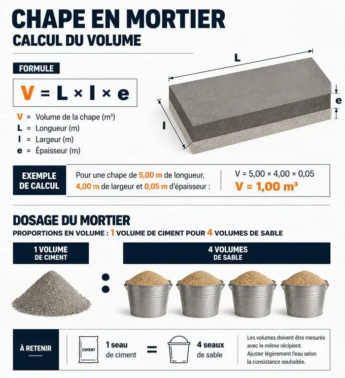 Infographie des étapes de calcul pour une chape et dosage du mortier
