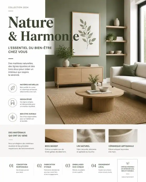 Salon moderne avec un mur d'accent en décoration murale vert sauge et mobilier en bois clair