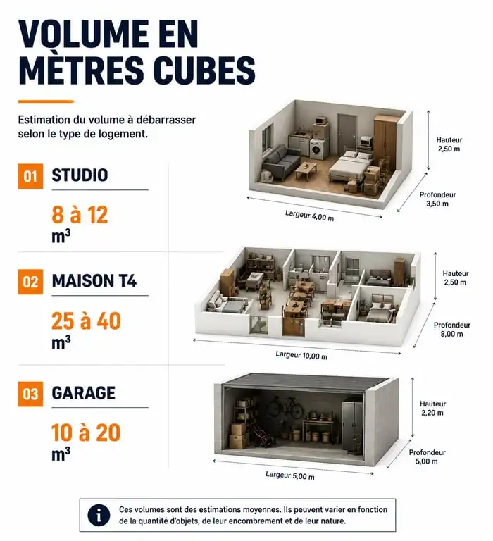 Infographie du volume estimé en mètres cubes pour le vidage d'une maison ou d'un appartement
