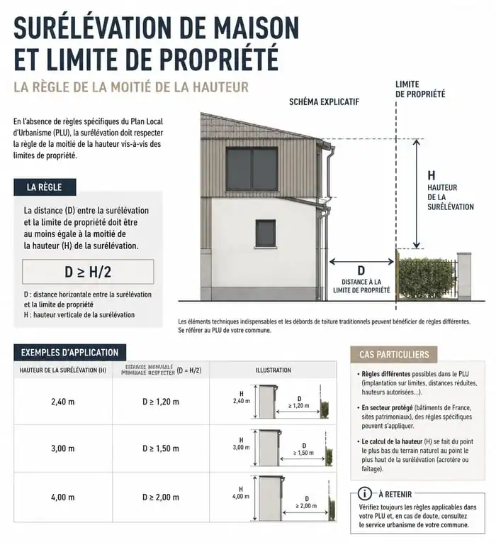 Schéma des règles de distance légale pour une surélévation de maison et voisinage