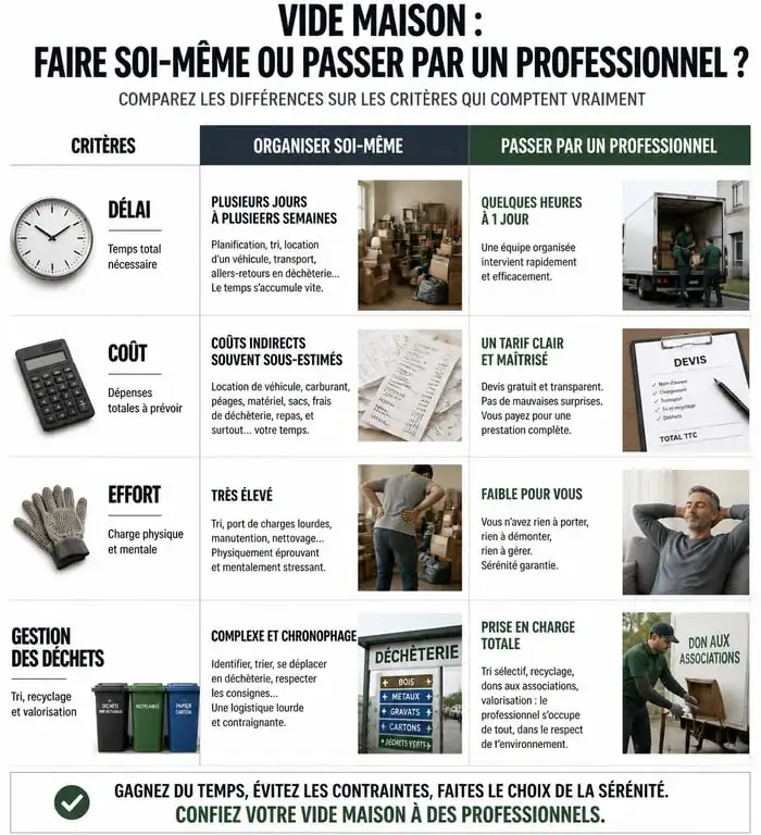 Comparatif entre l'organisation d'un vide maison par soi-même et le recours à un professionnel du débarras dans l'Ain