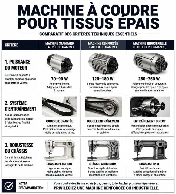 Infographie des critères techniques pour choisir une machine à coudre tissus épais