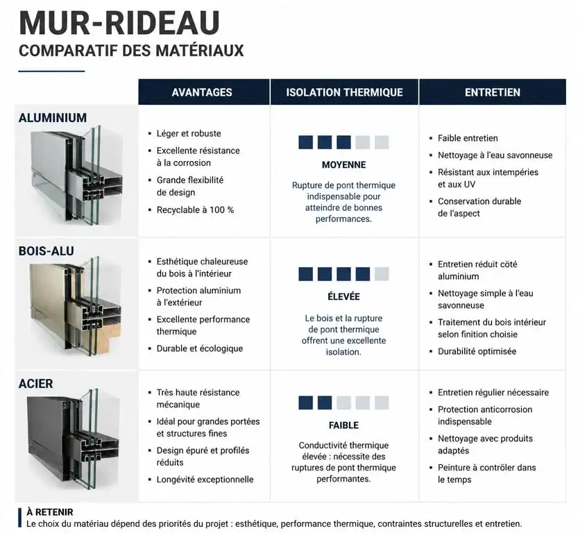 Comparatif des matériaux pour mur-rideau de maison : aluminium, bois-alu et acier