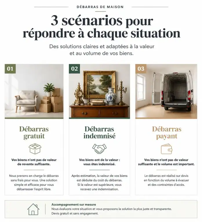 Infographie comparative des solutions de débarras de maison : gratuit, indemnisé ou payant