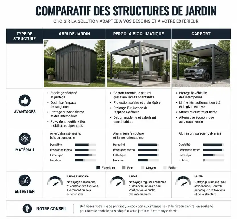 Infographie comparative des structures pour aménager ma maison mon jardin