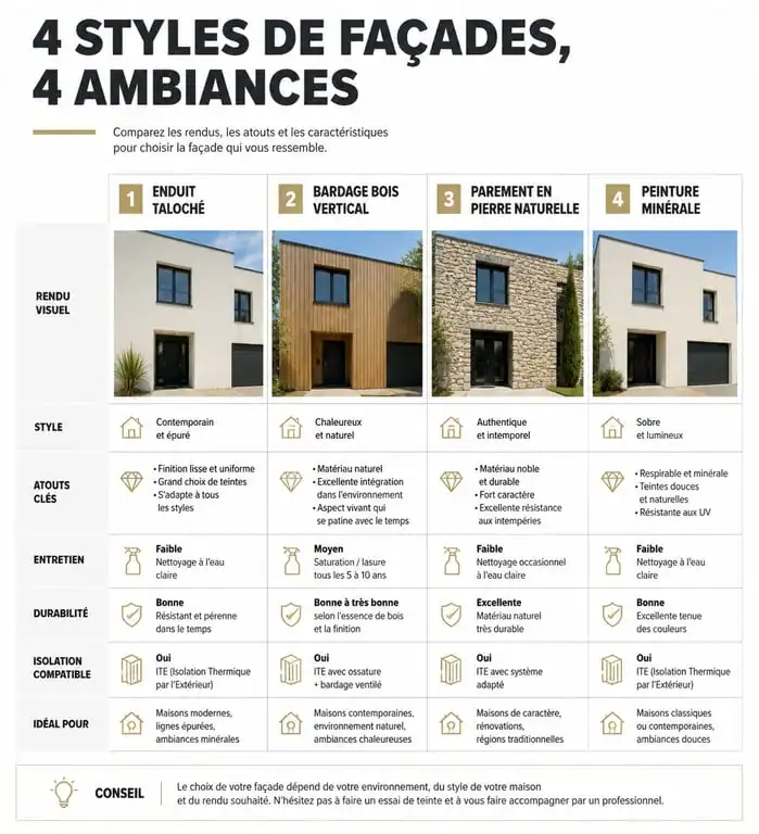 Comparatif visuel des solutions pour rénover ou embellir une façade de maison