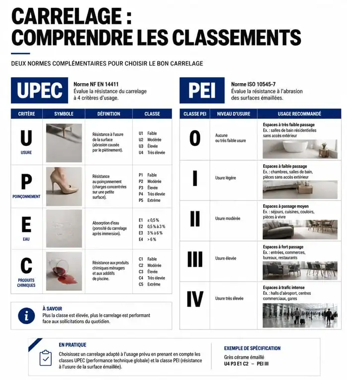 Infographie des classements UPEC et PEI pour réussir sa rénovation de carrelage
