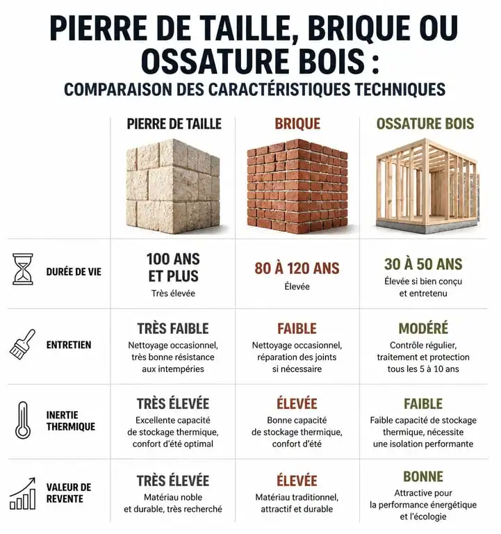 Infographie comparative des matériaux de construction : pierre de taille, brique et ossature bois
