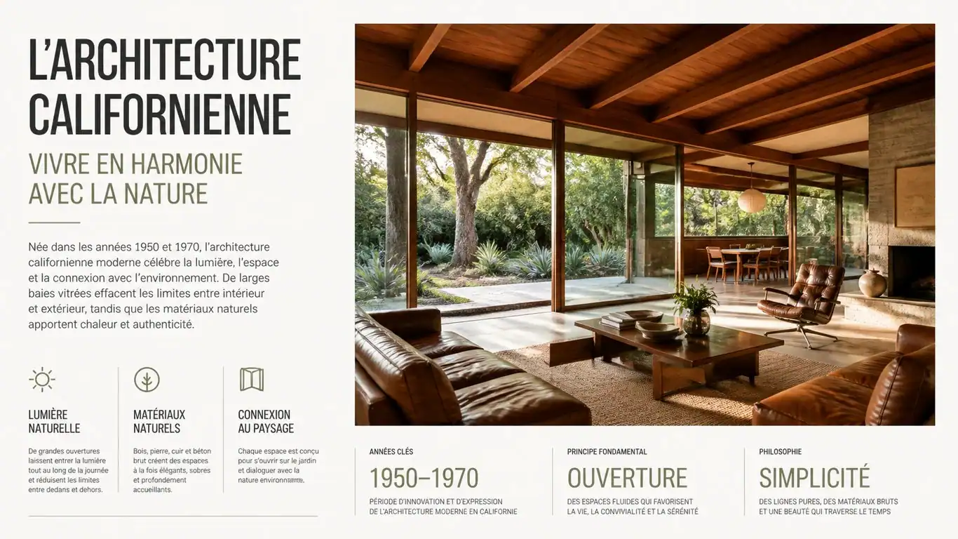 Salon d'une maison californienne des années 70 avec baies vitrées et structure en bois apparent