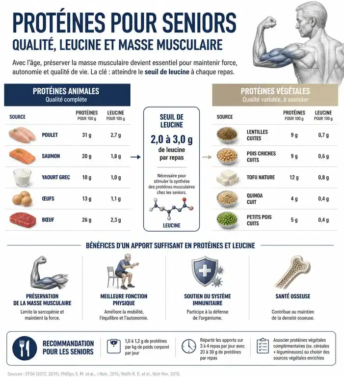 Infographie sur les aliments riches en protéines pour personnes âgées et la prévention de la sarcopénie