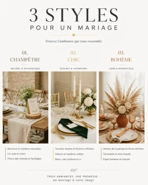 Inspiration pour décorations de mariage : styles champêtre, chic et bohème