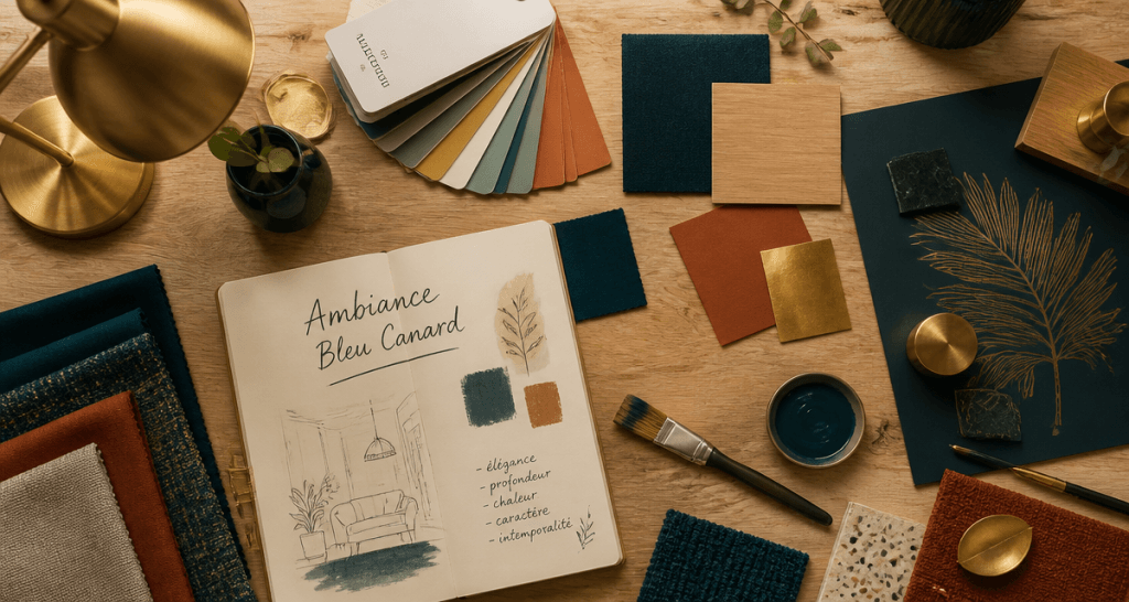 échantillons déco bleu canard fonce sur bureau
