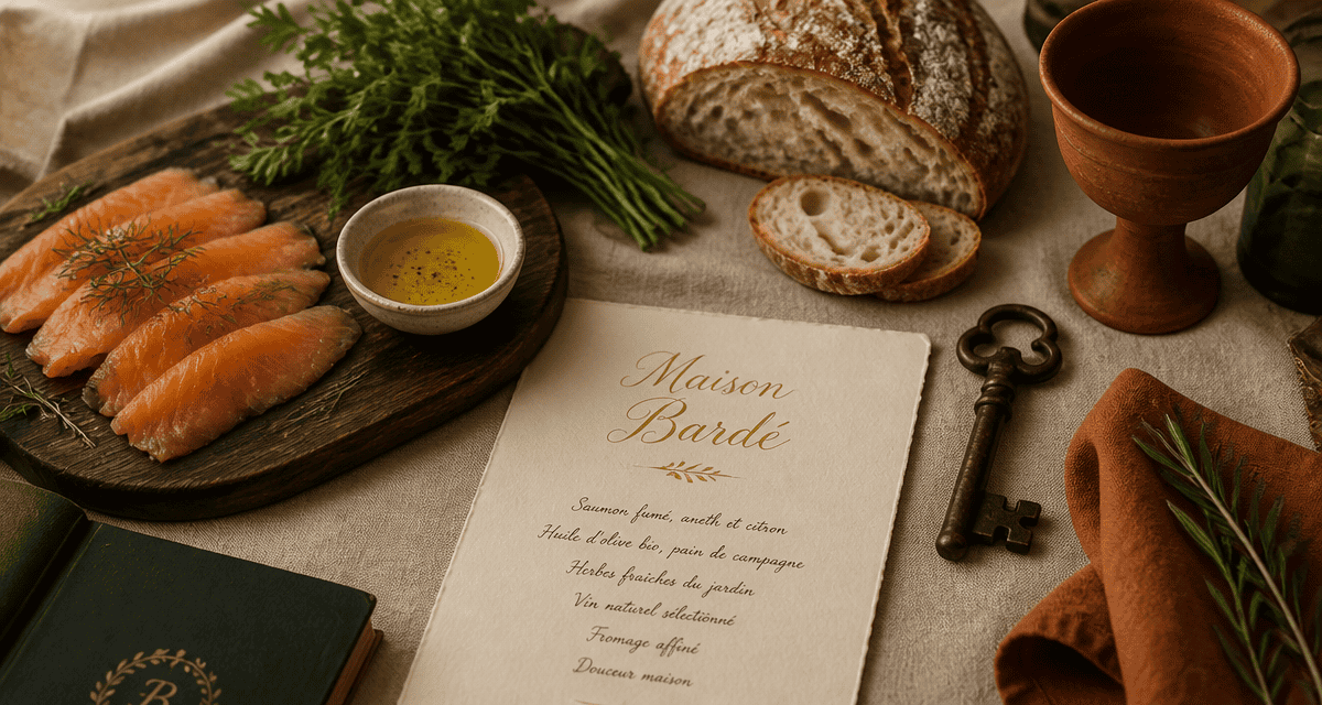 Table Maison Bardé avec saumon artisanal et menu manuscrit