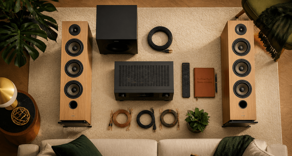 Meilleur pack enceinte home cinéma vue flat-lay salon