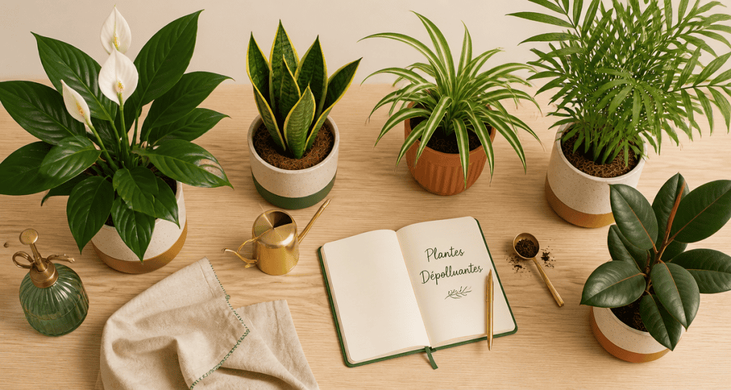 plantes d'intérieur dépolluante en pots sur table