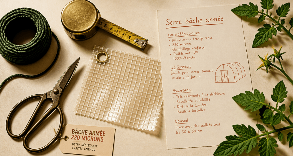 serre bache armée 220 microns et outils de jardinage