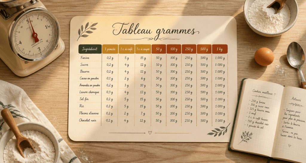 tableau de conversion gramme dessiné main cuisine