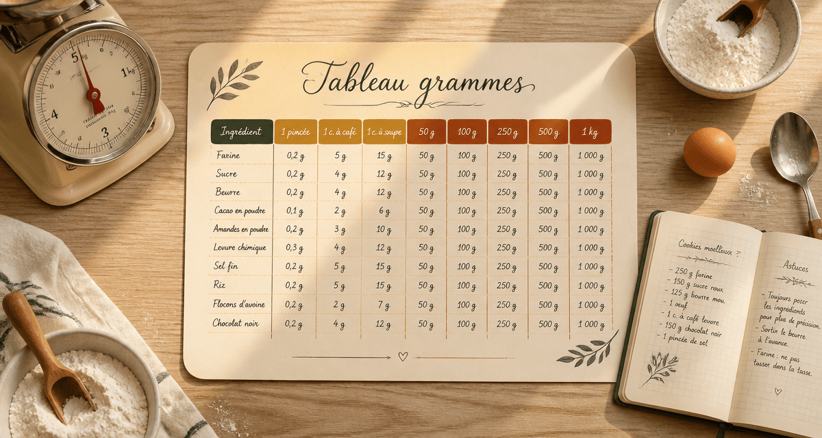tableau de conversion gramme dessiné main cuisine