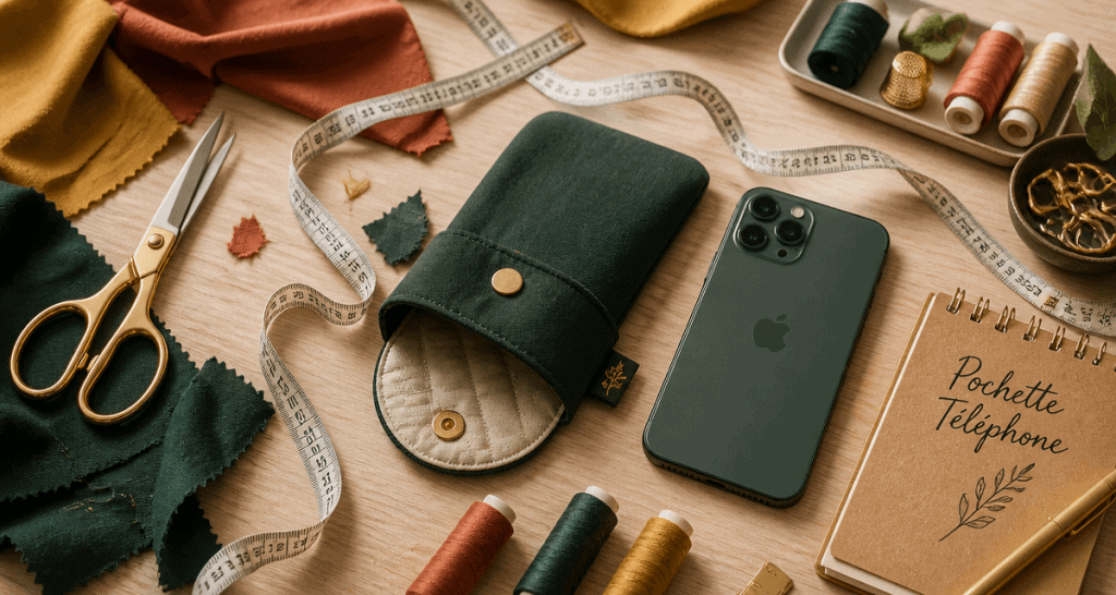 tuto pochette en tissu pour téléphone portable sur table couture